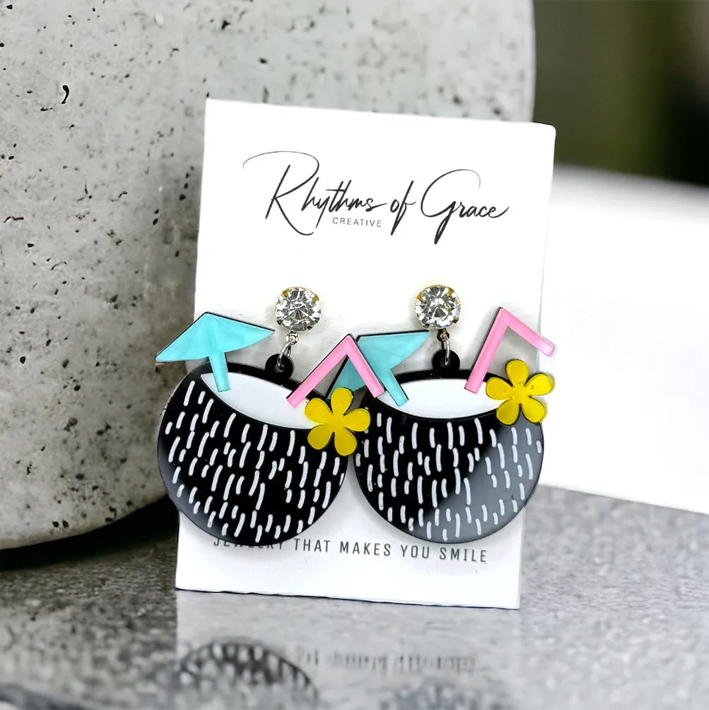 Island Cocktail Earrings - Coconuts, Coconut Earrings, Summer Cocktail, Drink Earrings, Coconut Rum