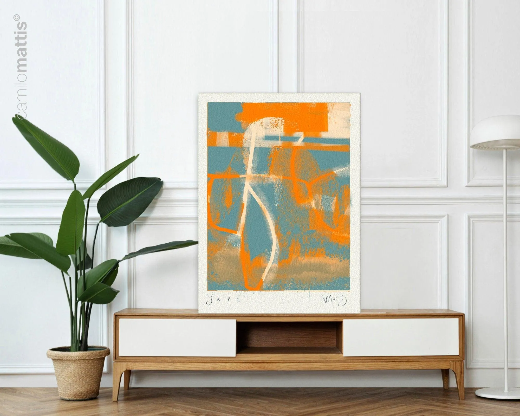 Jazz in NY Orange and blue large poster print, minimalist modern art appartement decor by Camilo Mattis