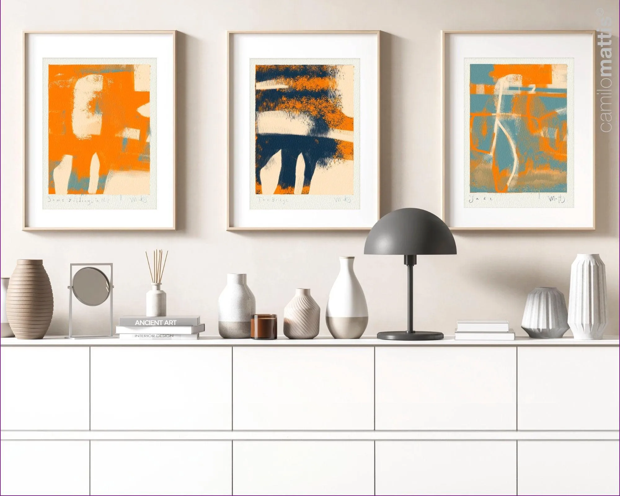 Jazz in NY Orange and blue large poster print, minimalist modern art appartement decor by Camilo Mattis
