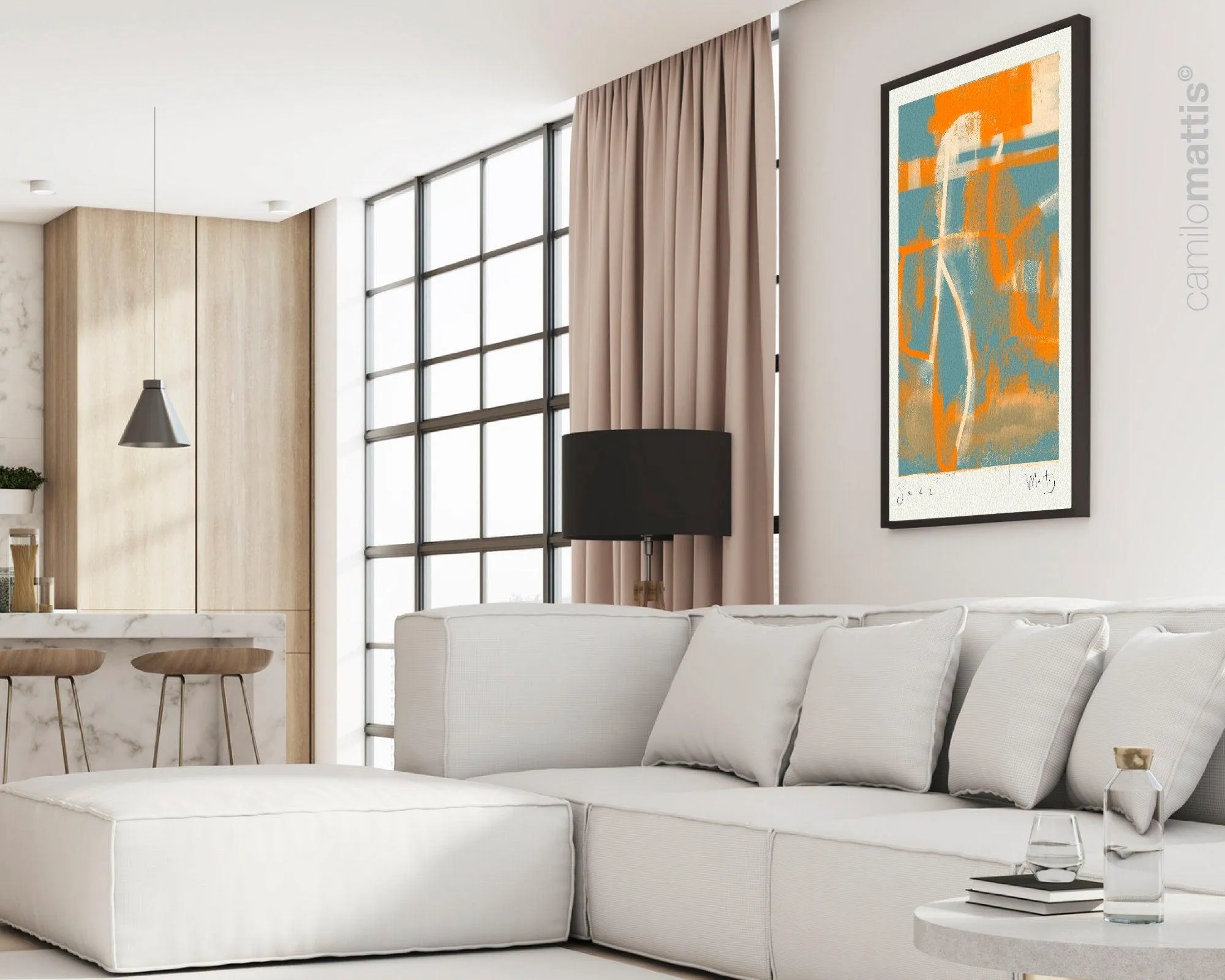 Jazz in NY Orange and blue large poster print, minimalist modern art appartement decor by Camilo Mattis