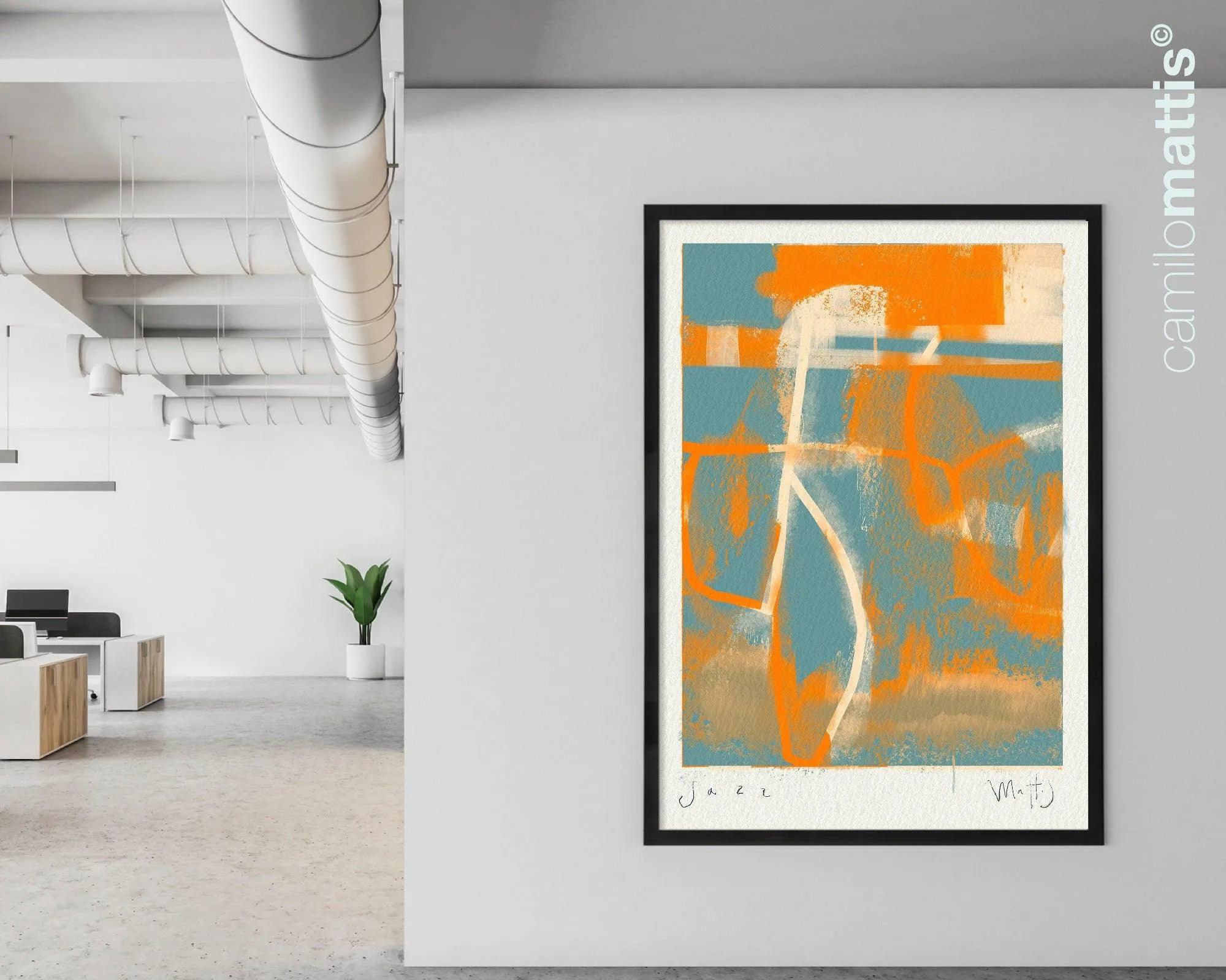 Jazz in NY Orange and blue large poster print, minimalist modern art appartement decor by Camilo Mattis