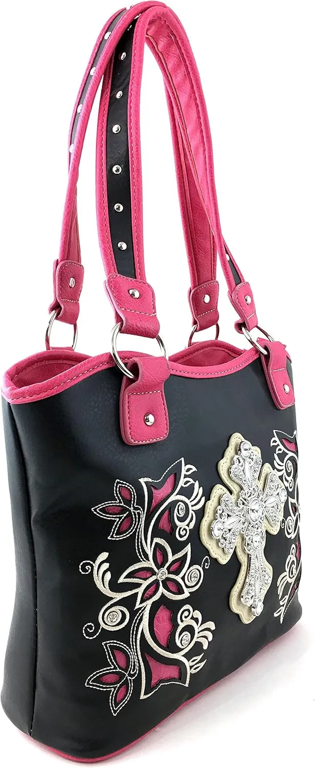 Justin West Embroidery Floral Silver Cross Concealed Carry Handbag Purse Wallet