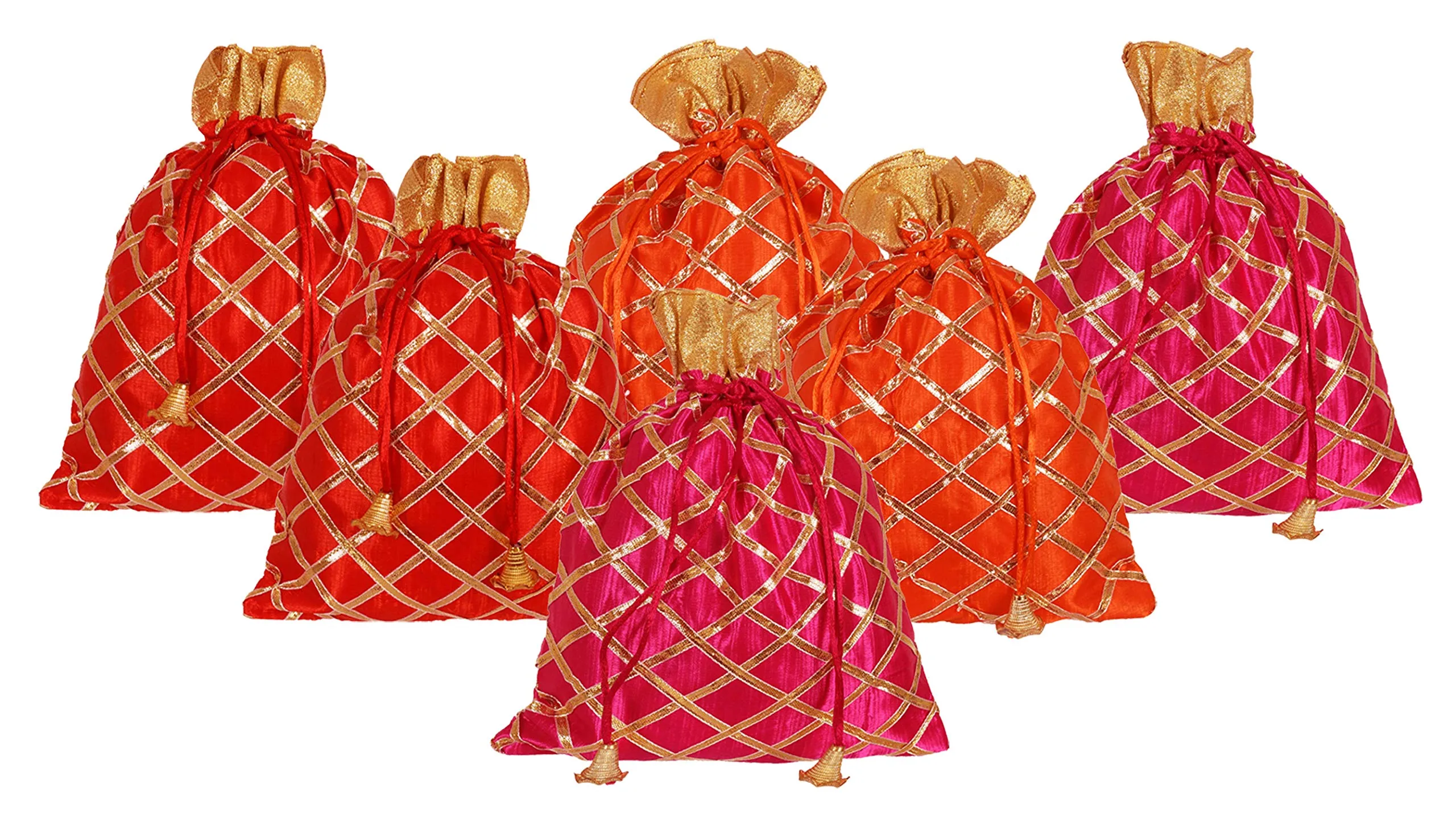 Kuber Industries Jute Potli Bags for Return Gifts with Drawstring|Pack of 6 (Red & Orange & Pink)