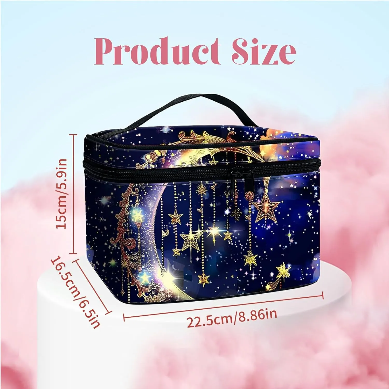 Large Capacity Makeup Bag with Brush Slot, Art Moon Travel Portable Cosmetic Bag with Handle and Zipper, Women's Toiletry Storage Pouch Washable Waterproof Makeup Organizer Bag
