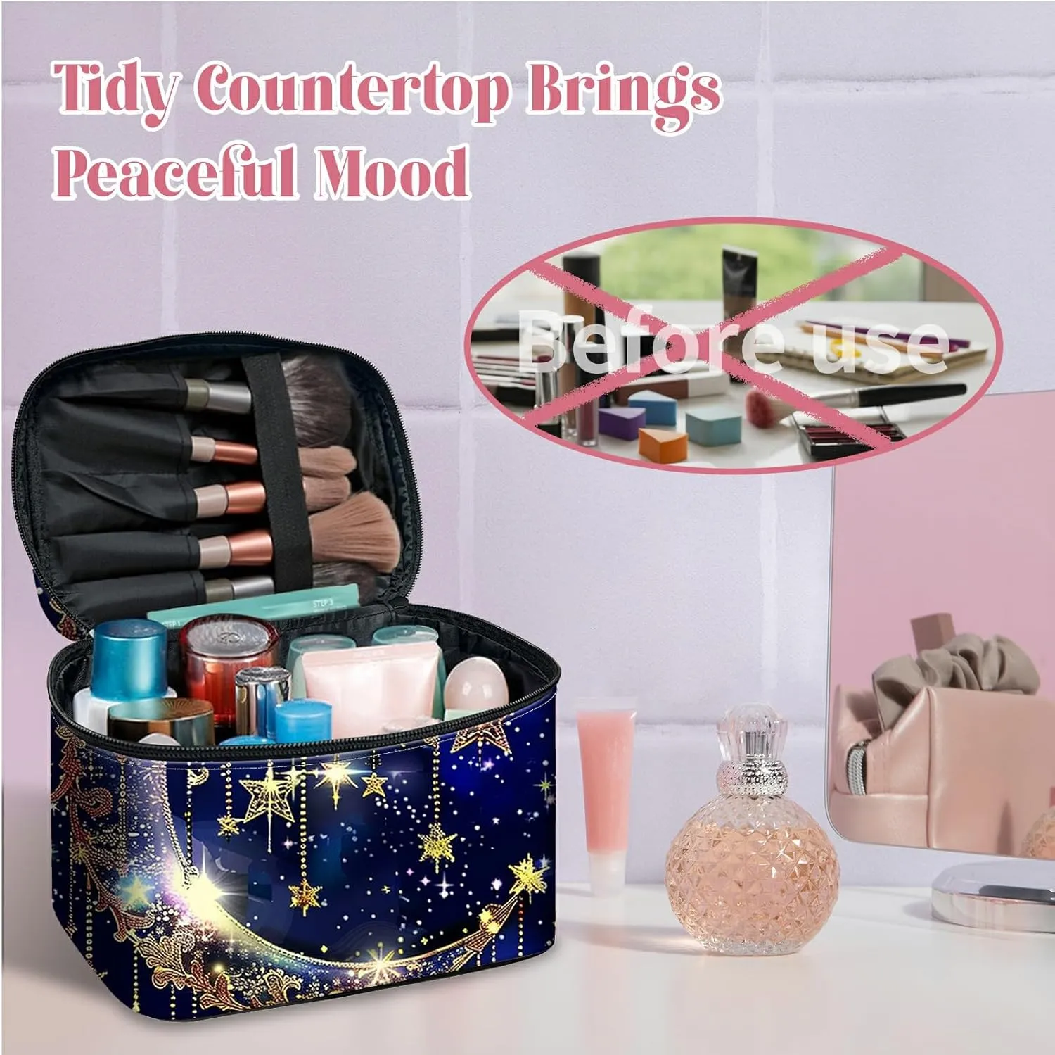 Large Capacity Makeup Bag with Brush Slot, Art Moon Travel Portable Cosmetic Bag with Handle and Zipper, Women's Toiletry Storage Pouch Washable Waterproof Makeup Organizer Bag