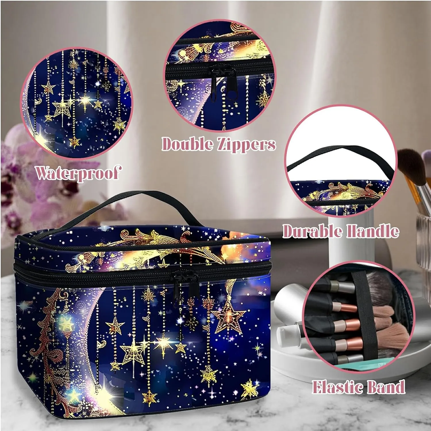Large Capacity Makeup Bag with Brush Slot, Art Moon Travel Portable Cosmetic Bag with Handle and Zipper, Women's Toiletry Storage Pouch Washable Waterproof Makeup Organizer Bag