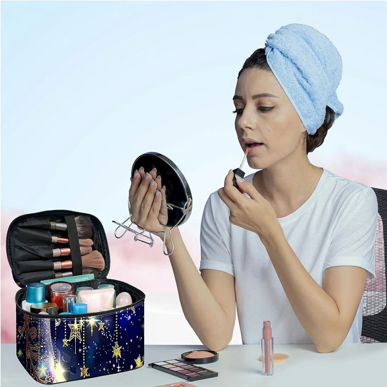 Large Capacity Makeup Bag with Brush Slot, Art Moon Travel Portable Cosmetic Bag with Handle and Zipper, Women's Toiletry Storage Pouch Washable Waterproof Makeup Organizer Bag