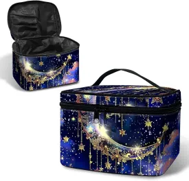 Large Capacity Makeup Bag with Brush Slot, Art Moon Travel Portable Cosmetic Bag with Handle and Zipper, Women's Toiletry Storage Pouch Washable Waterproof Makeup Organizer Bag