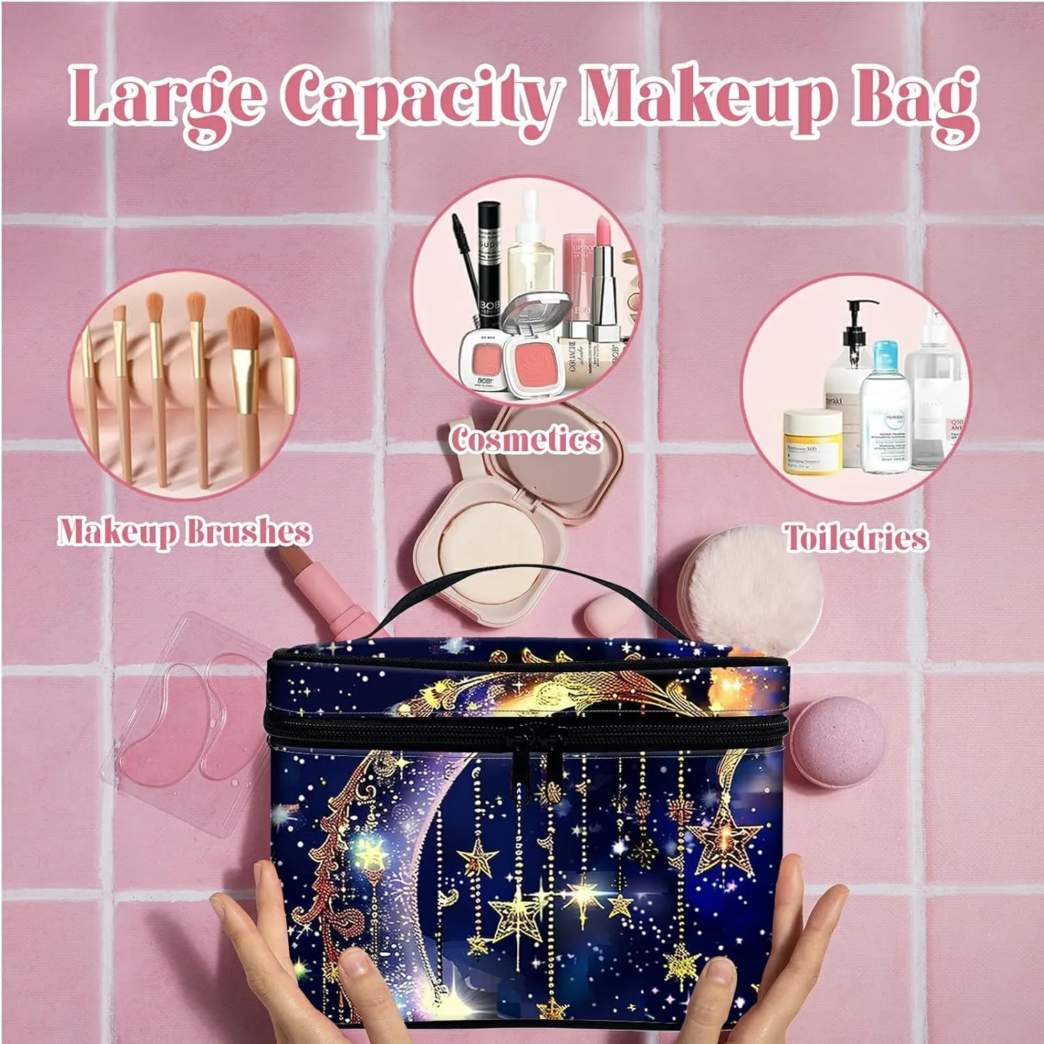 Large Capacity Makeup Bag with Brush Slot, Art Moon Travel Portable Cosmetic Bag with Handle and Zipper, Women's Toiletry Storage Pouch Washable Waterproof Makeup Organizer Bag