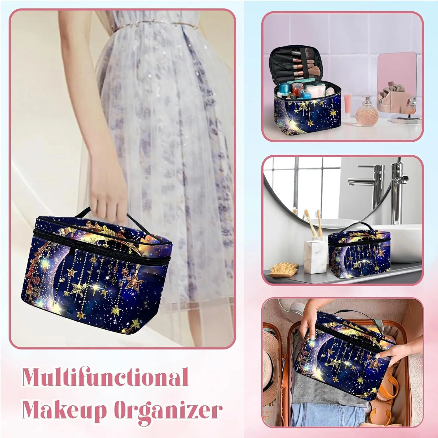 Large Capacity Makeup Bag with Brush Slot, Art Moon Travel Portable Cosmetic Bag with Handle and Zipper, Women's Toiletry Storage Pouch Washable Waterproof Makeup Organizer Bag