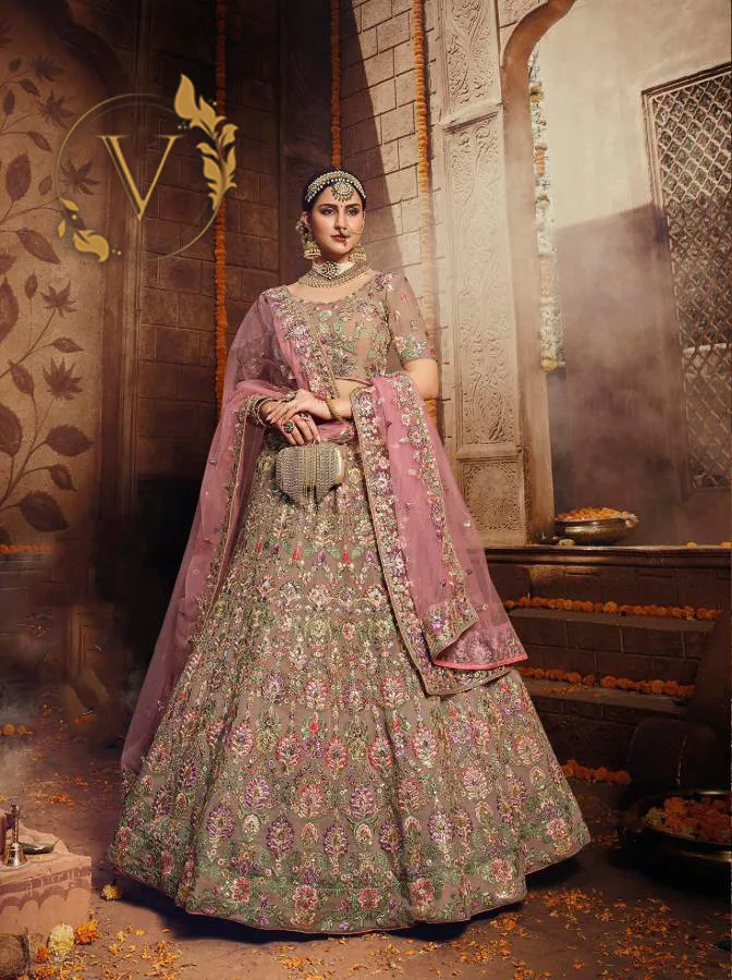 Light Brown Embroidered Georgette Lehenga Choli With Dupatta
