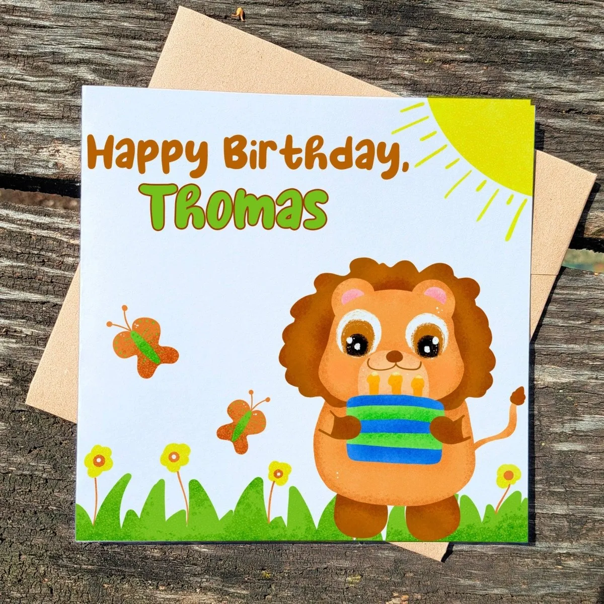 Lion Kids Birthday Card, Personalized Name, Safari Animal Greeting for Children, Cute Toddler Boys Gift