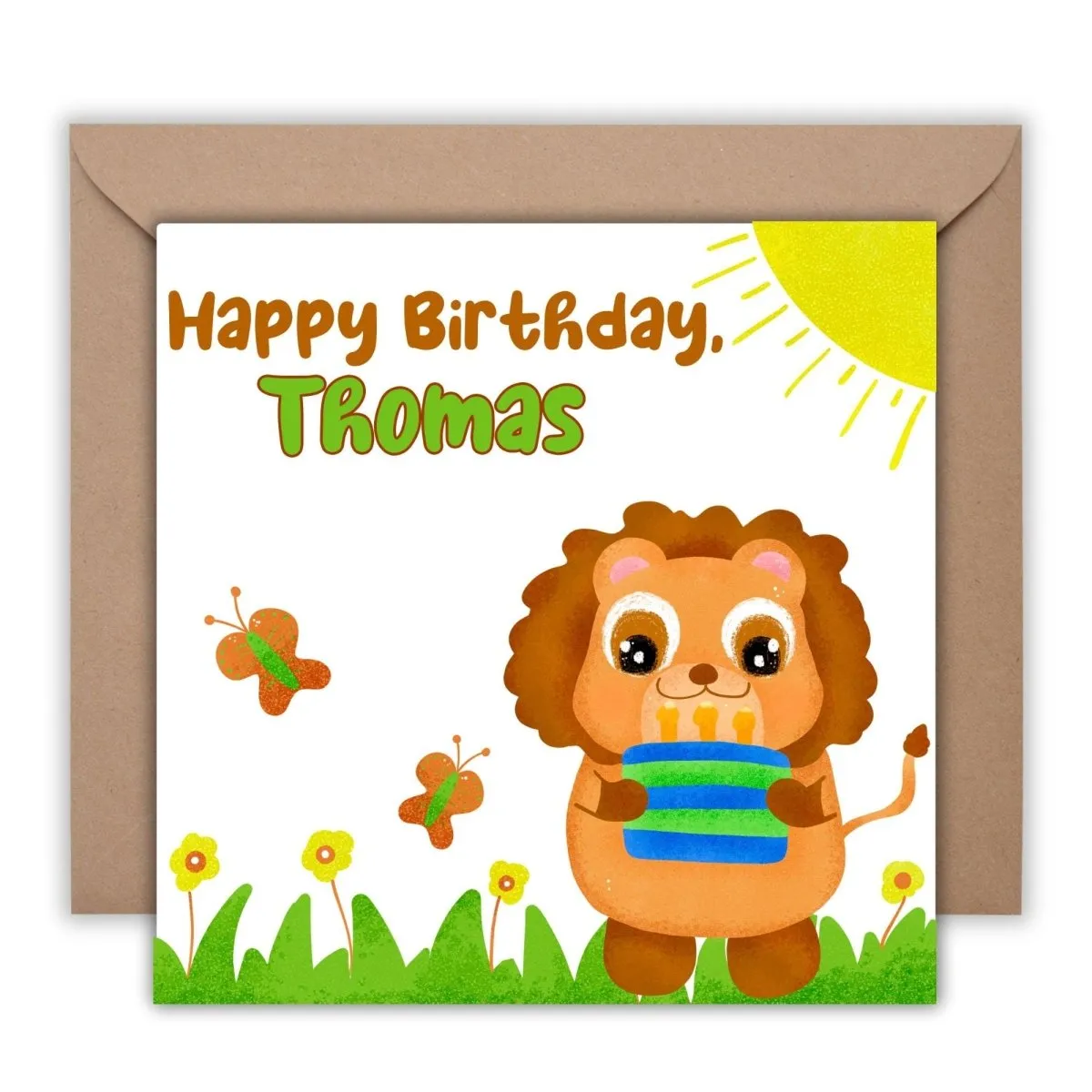 Lion Kids Birthday Card, Personalized Name, Safari Animal Greeting for Children, Cute Toddler Boys Gift