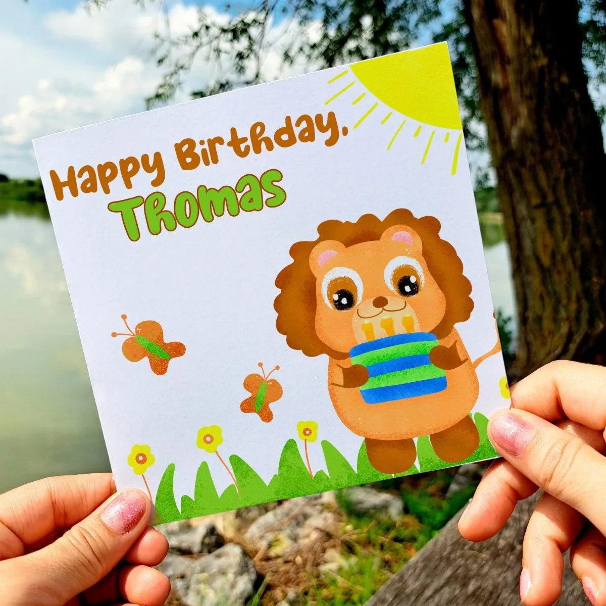 Lion Kids Birthday Card, Personalized Name, Safari Animal Greeting for Children, Cute Toddler Boys Gift