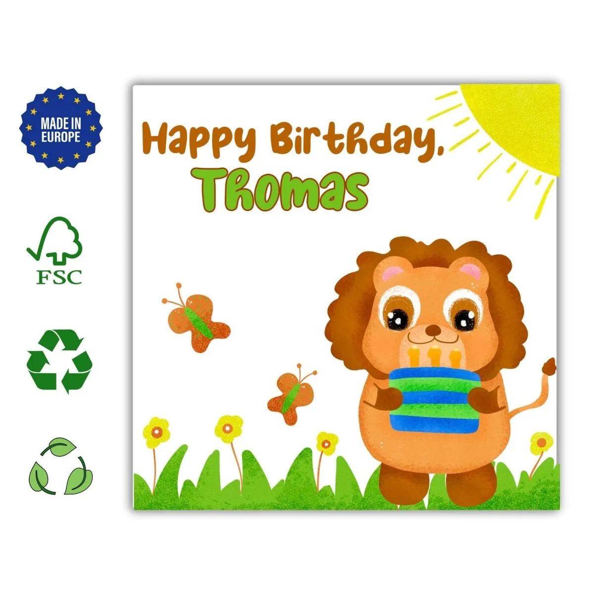 Lion Kids Birthday Card, Personalized Name, Safari Animal Greeting for Children, Cute Toddler Boys Gift