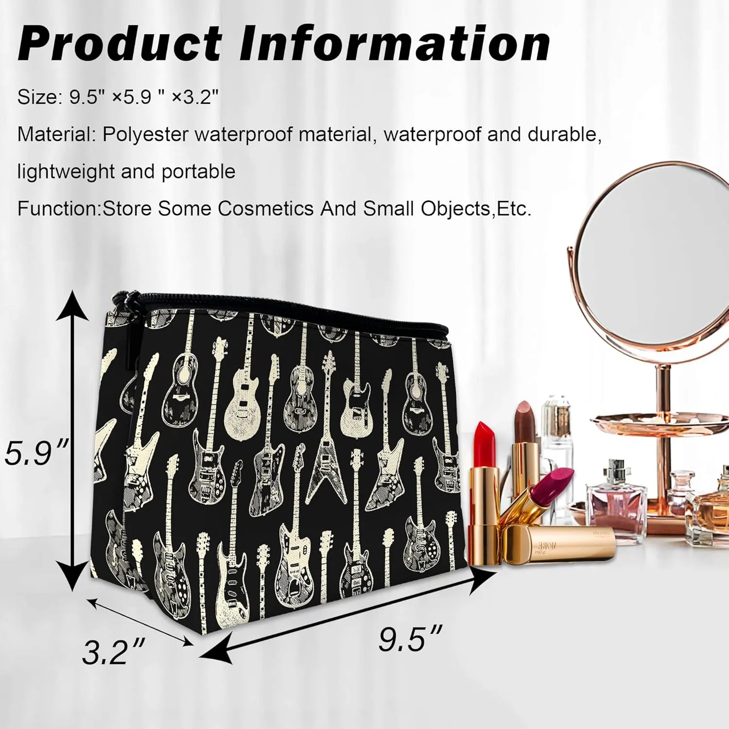 Makeup Bag Colorful Electric Guitar Cosmetic Bag for Women, Waterproof Large Capacity Travel Toiletry Organizer 9.55.9 Inch