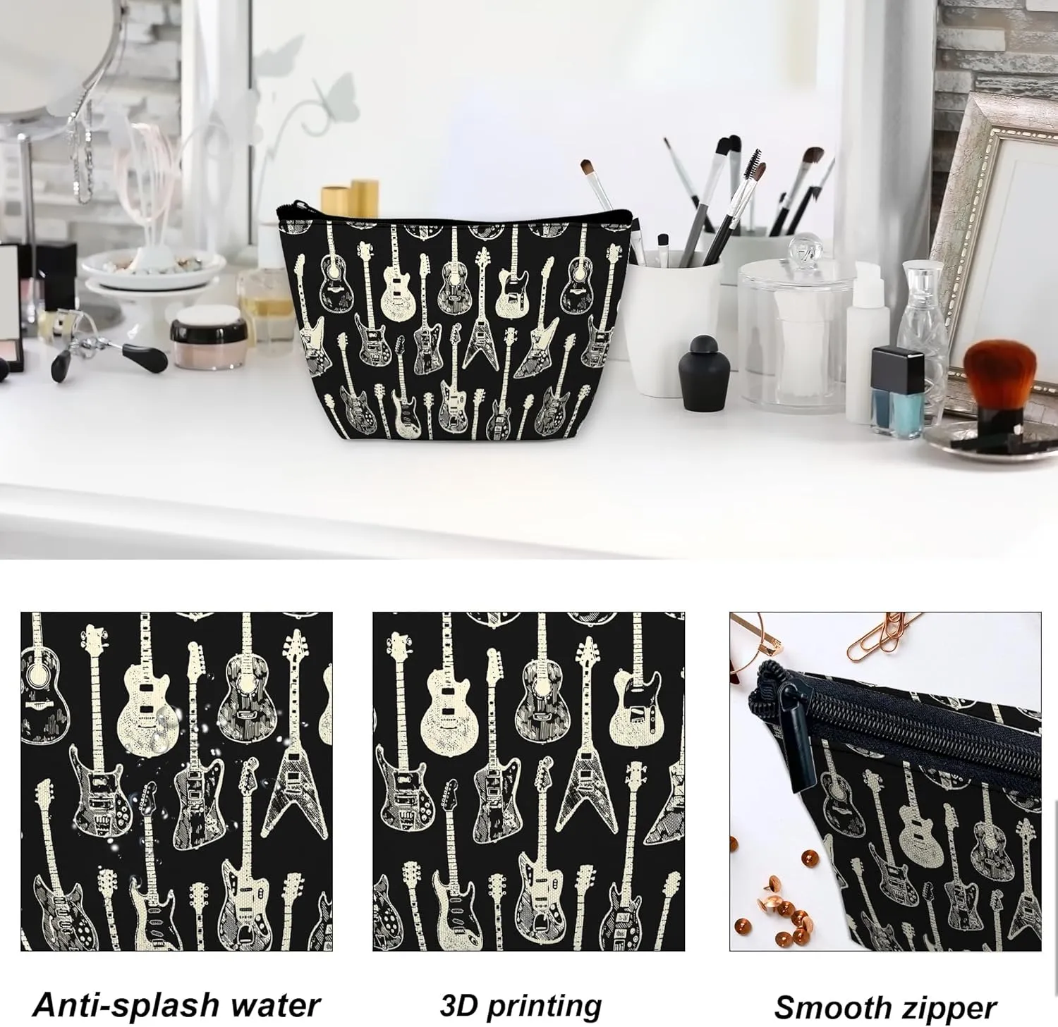Makeup Bag Colorful Electric Guitar Cosmetic Bag for Women, Waterproof Large Capacity Travel Toiletry Organizer 9.55.9 Inch