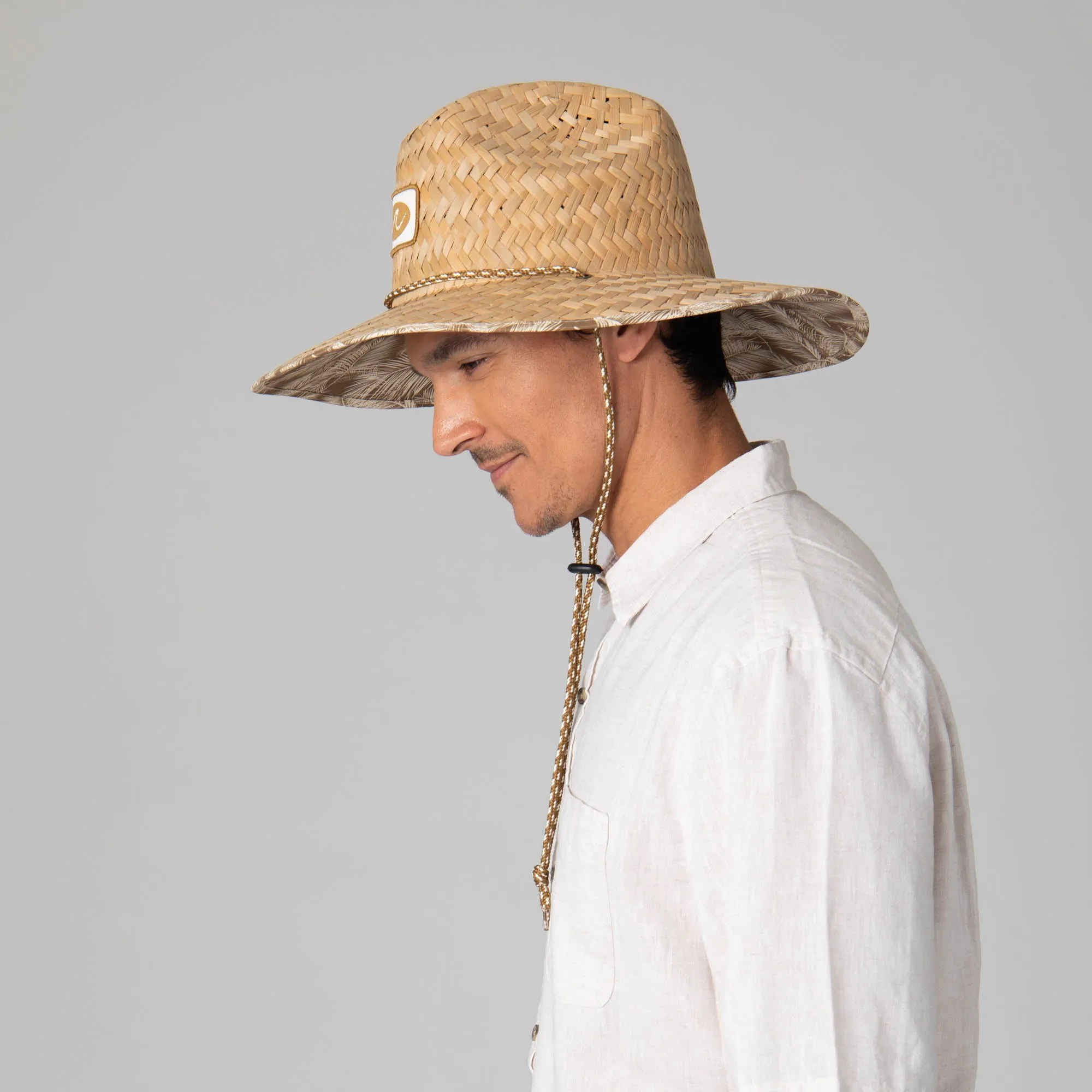 Mens Rush Straw Lifeguard with Tropical Palm Leaf Under-brim