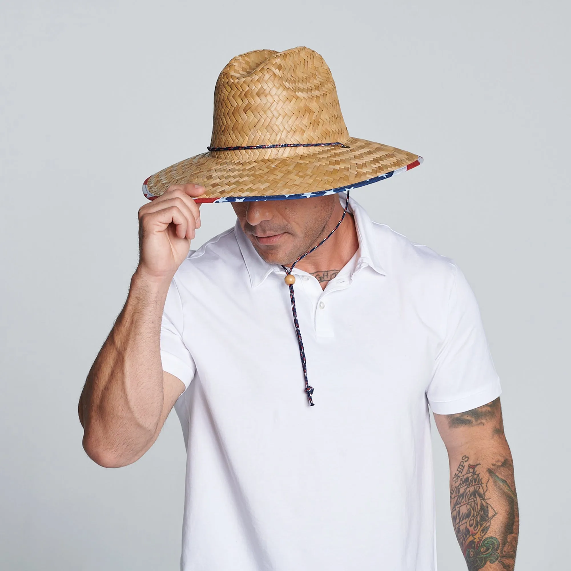 Men's rush straw lifeguard with under brim print and adjustable chin cord