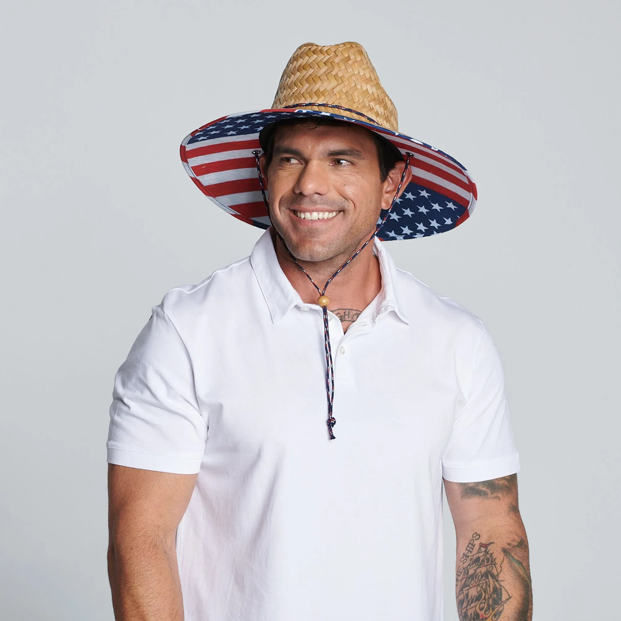 Men's rush straw lifeguard with under brim print and adjustable chin cord