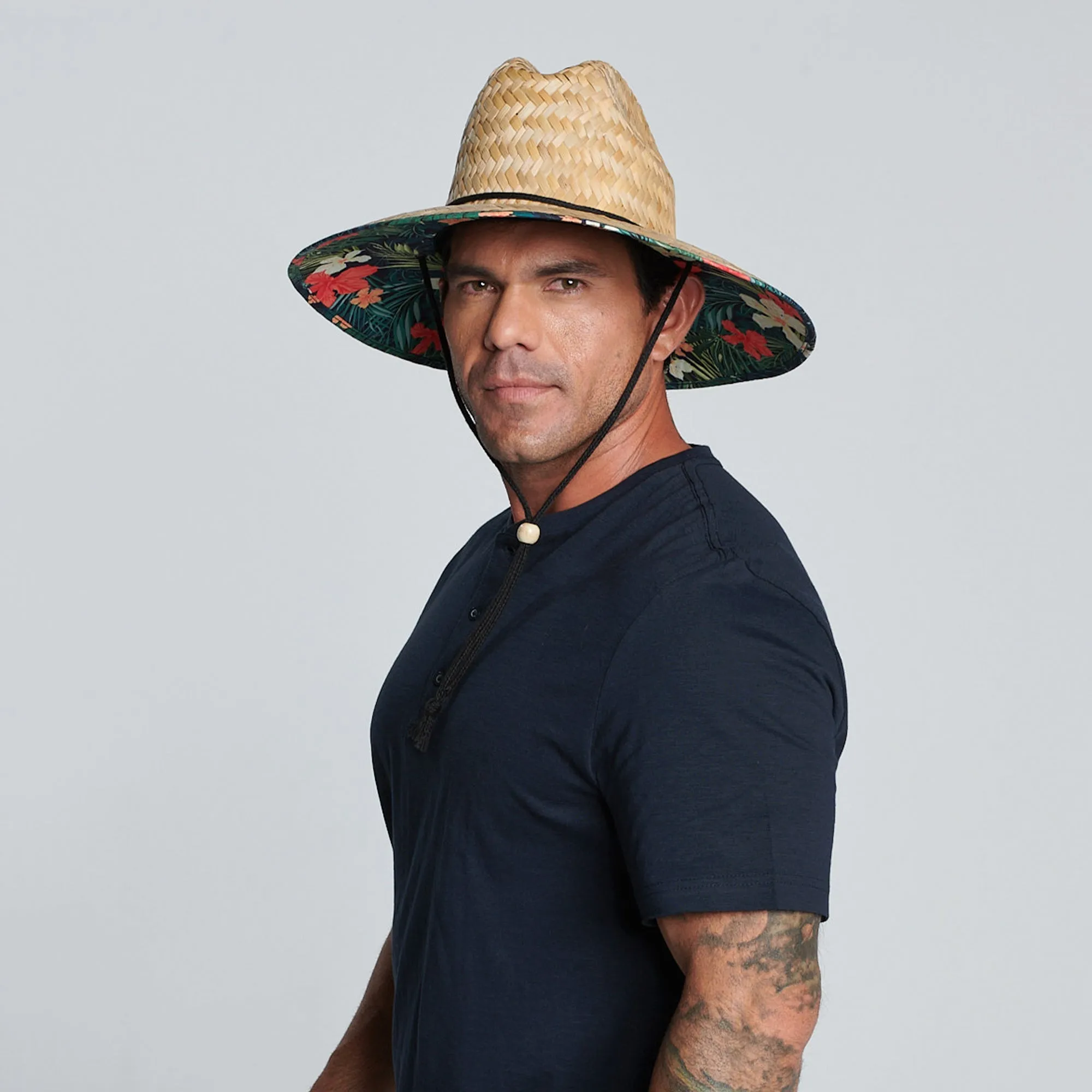 Men's rush straw lifeguard with under brim print and adjustable chin cord