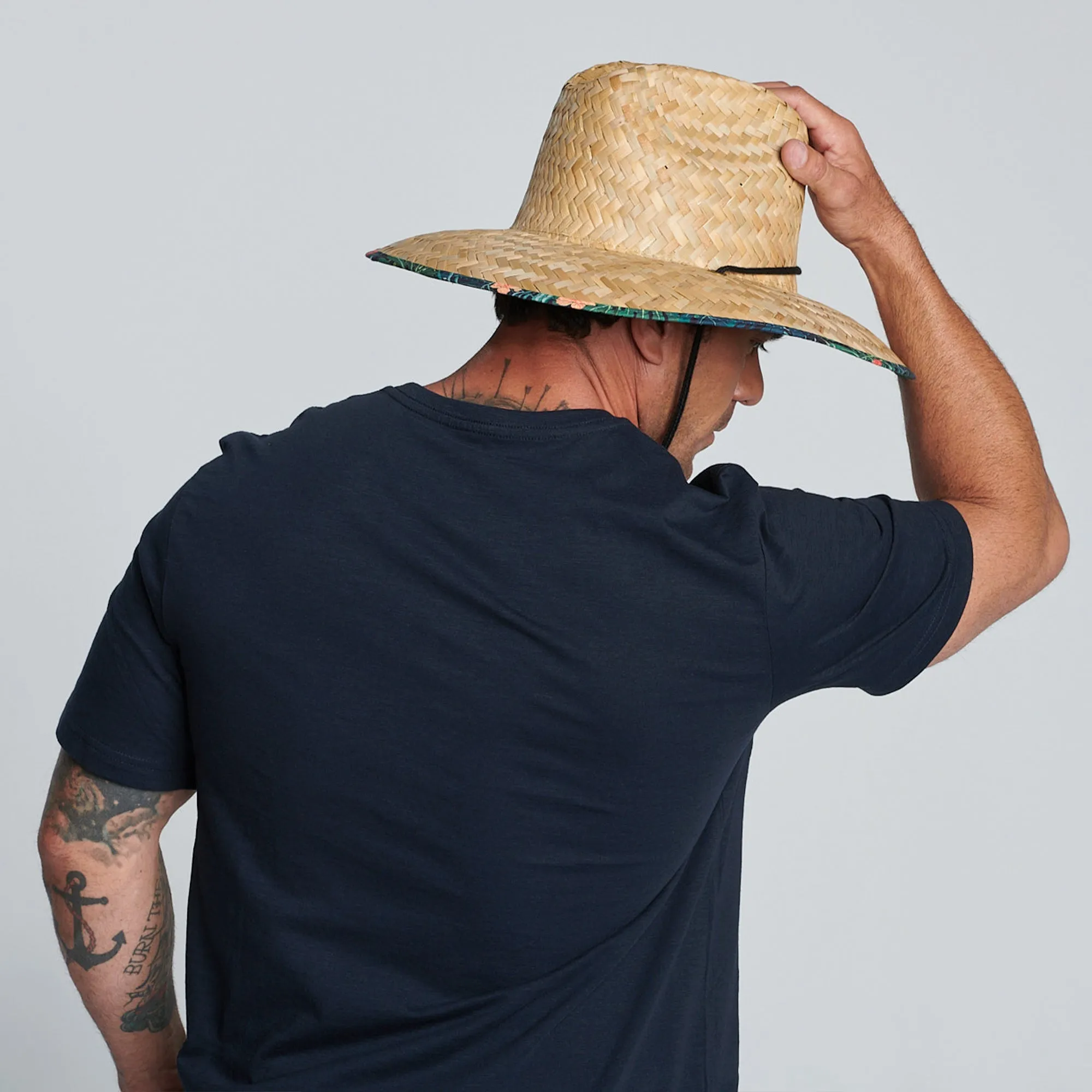 Men's rush straw lifeguard with under brim print and adjustable chin cord