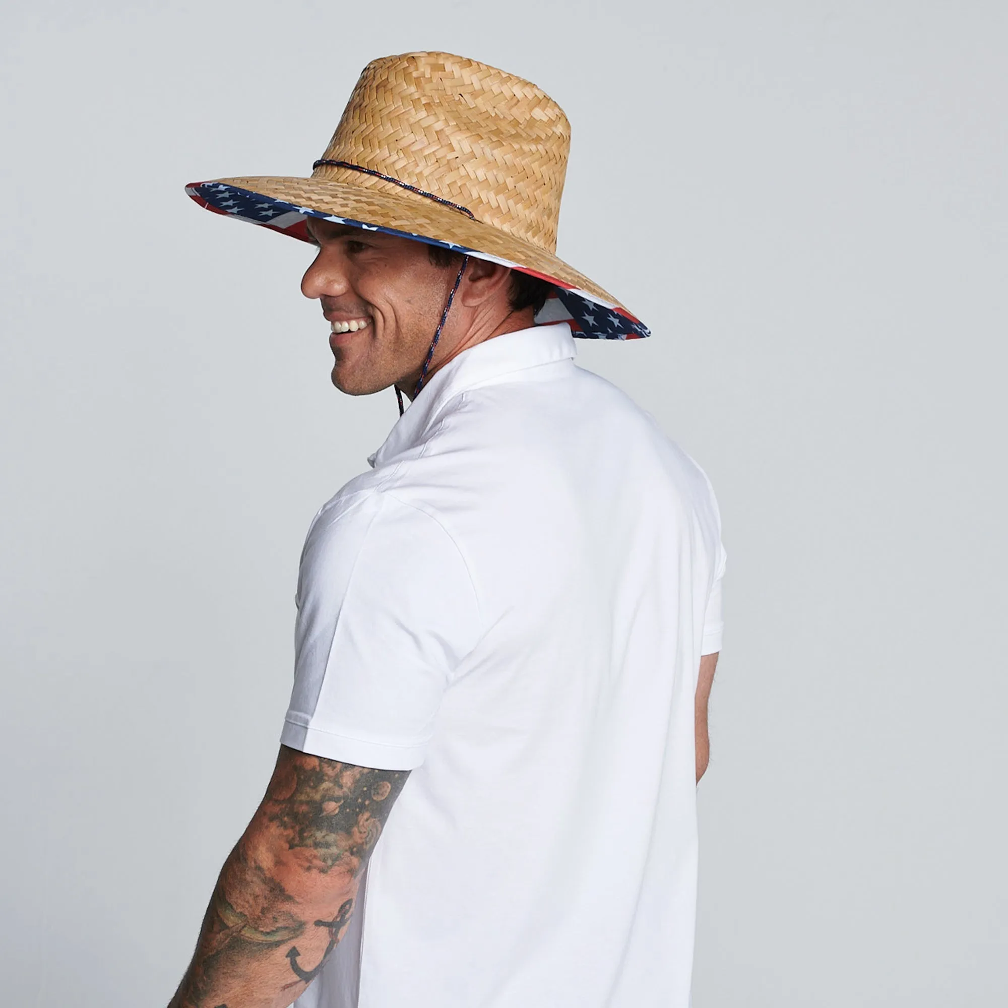 Men's rush straw lifeguard with under brim print and adjustable chin cord