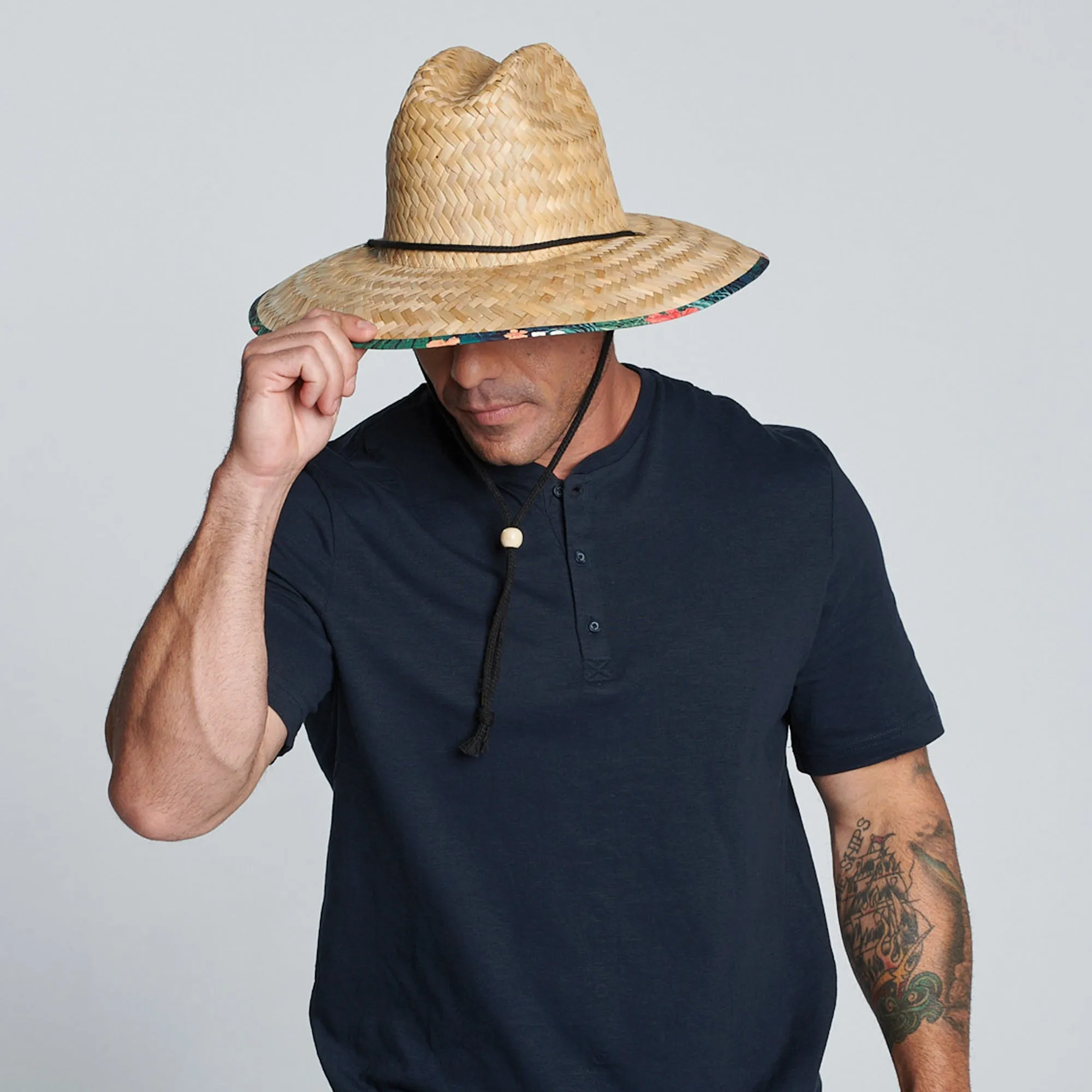 Men's rush straw lifeguard with under brim print and adjustable chin cord