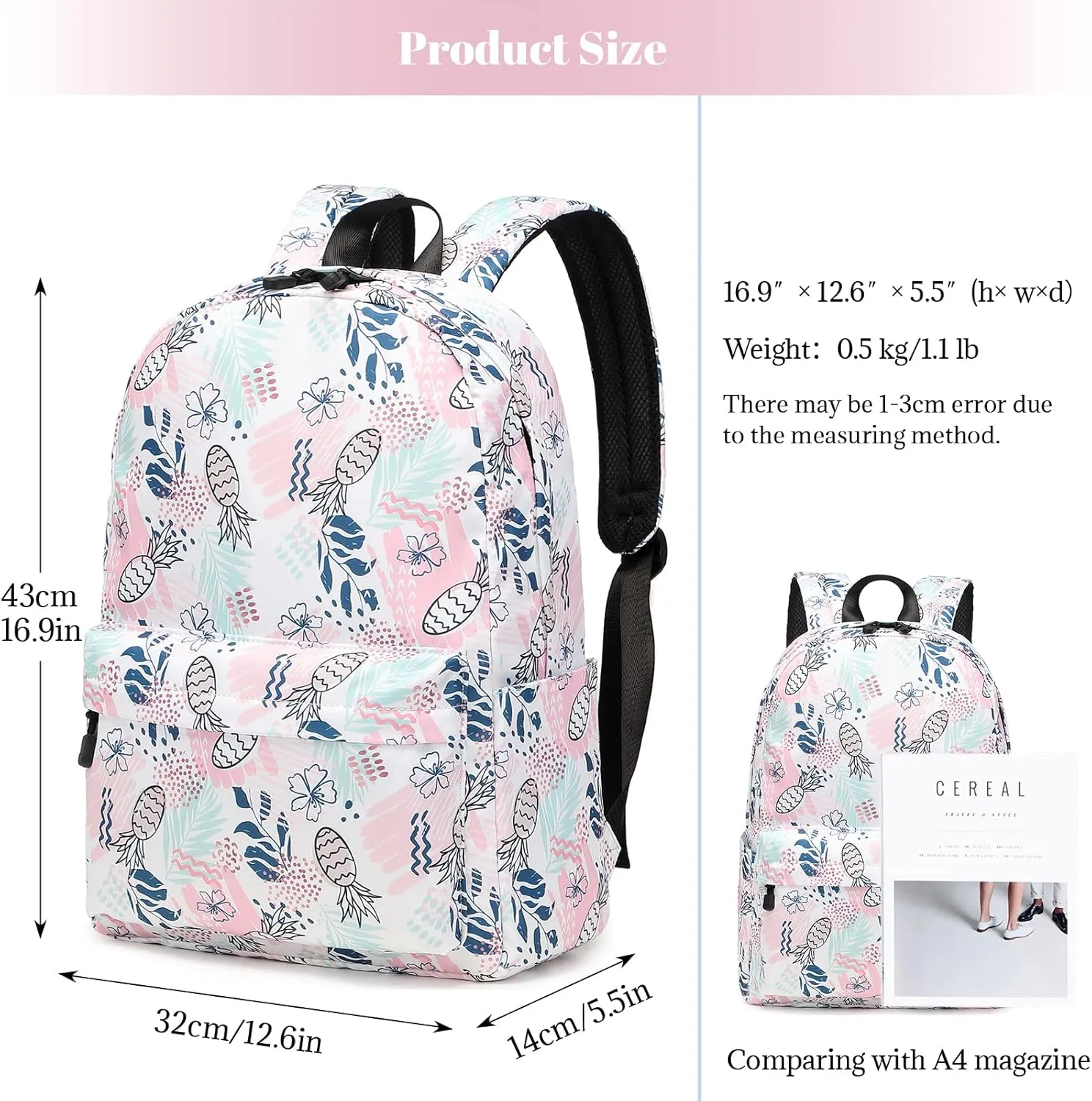 MIRLEWAIY Girls School Daypack Travel Backpack Water-resistent Bookbag Primary School Bag for Girls, Pineapple and Folwer