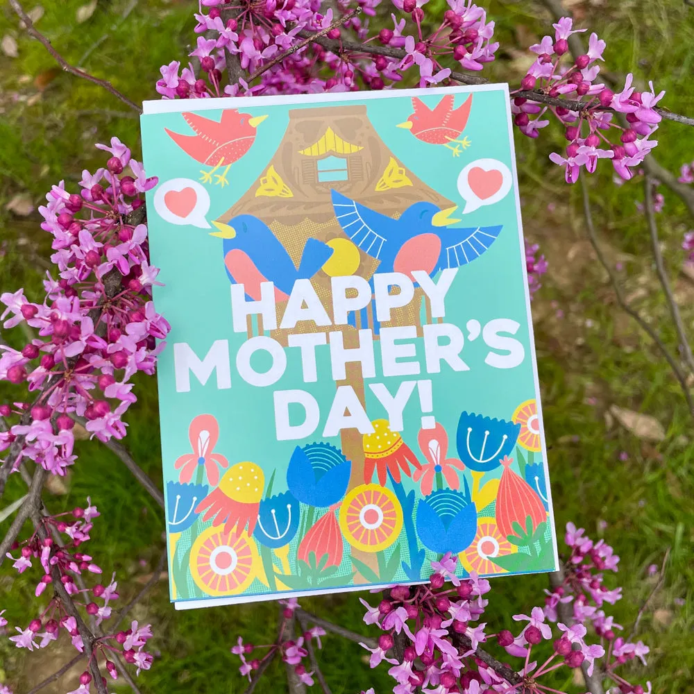 modern floral Mother's Day card, card for mom who loves nature, birdhouse Mother's Day card, bird mother's day card