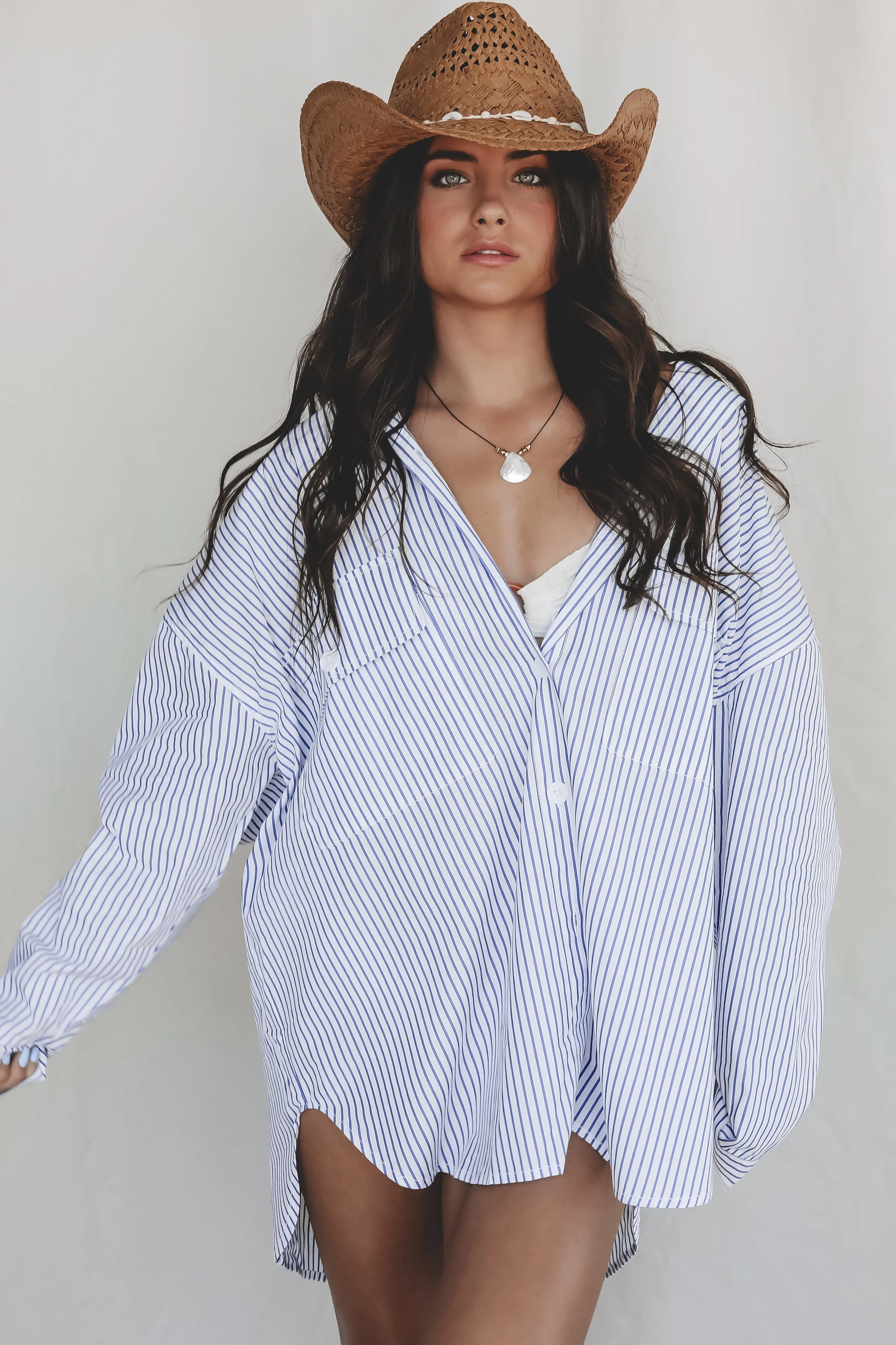 My Boyfriends Blue Striped Oversized Button Up