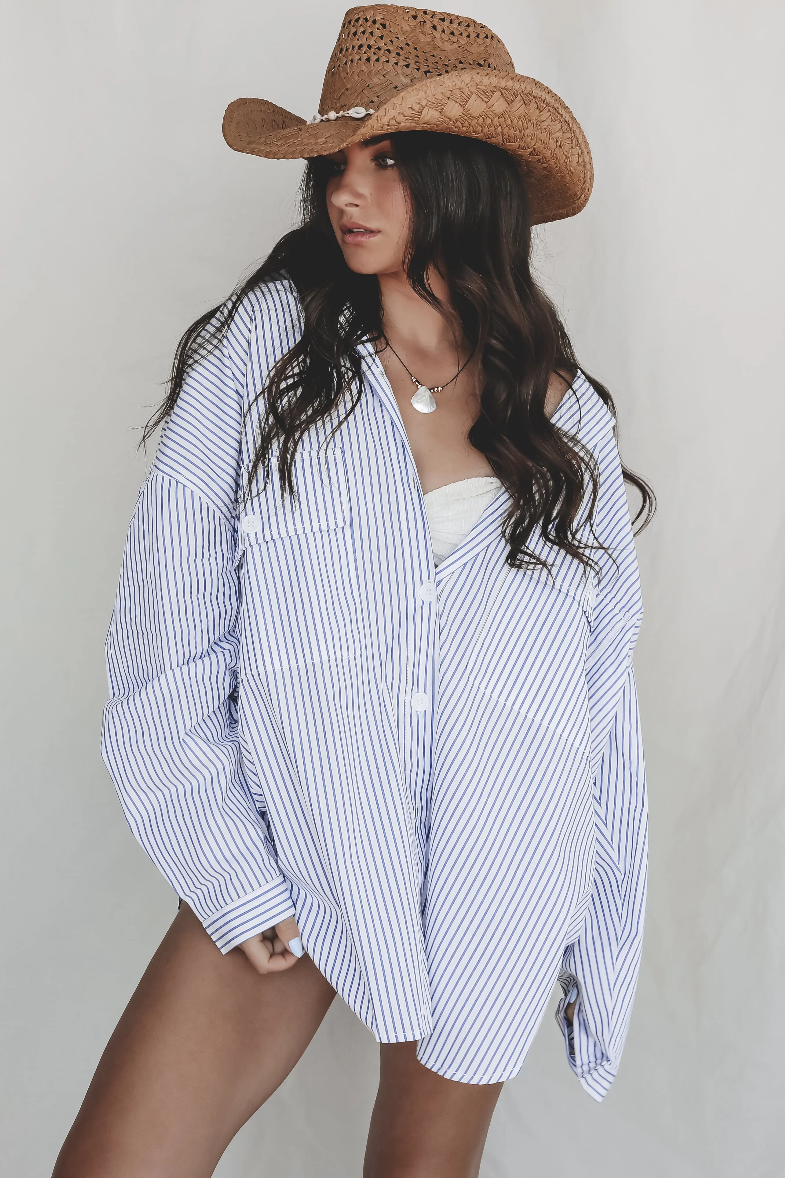 My Boyfriends Blue Striped Oversized Button Up
