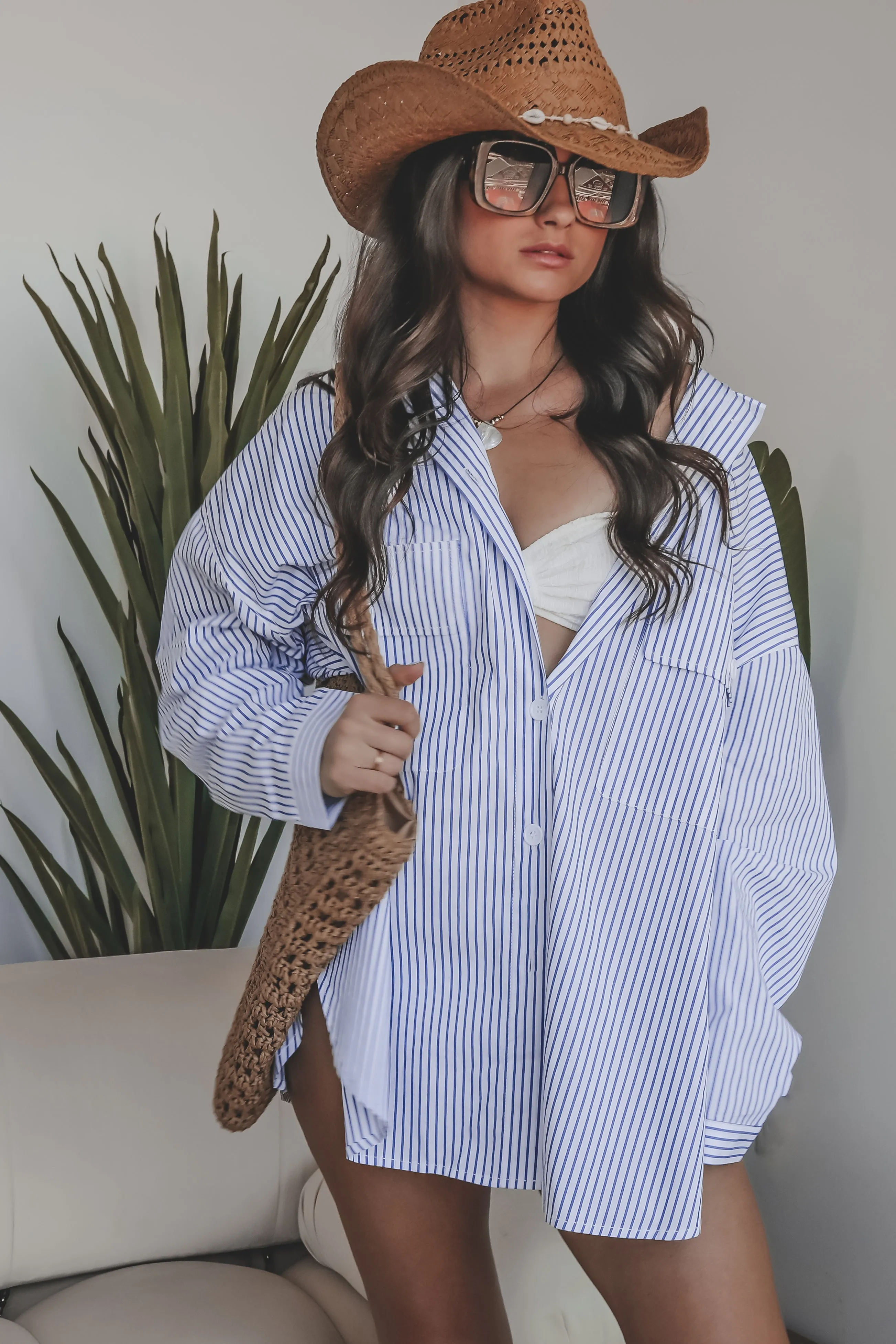 My Boyfriends Blue Striped Oversized Button Up