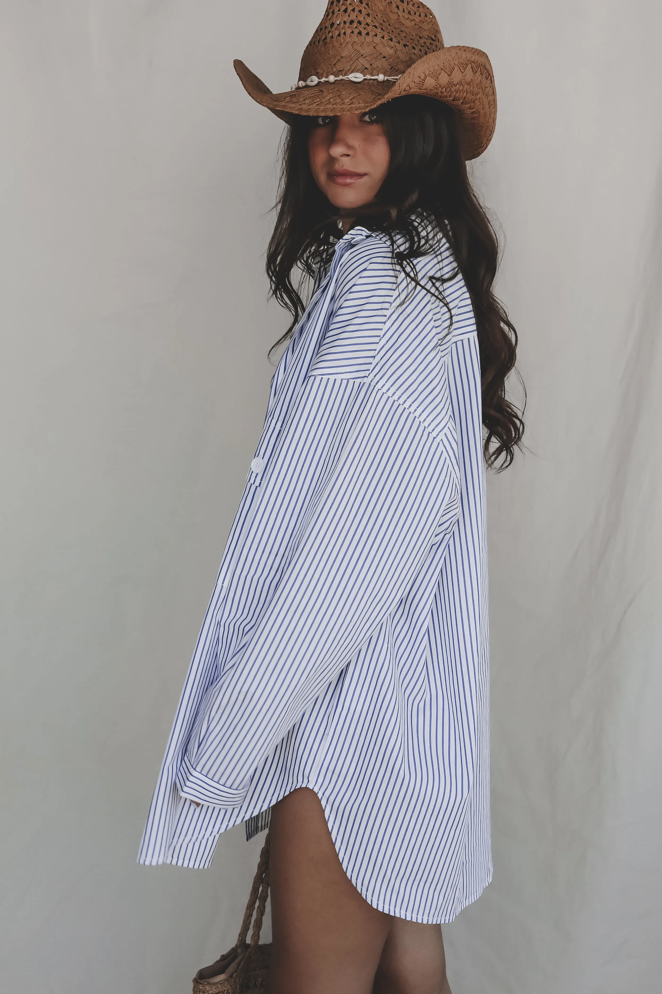 My Boyfriends Blue Striped Oversized Button Up