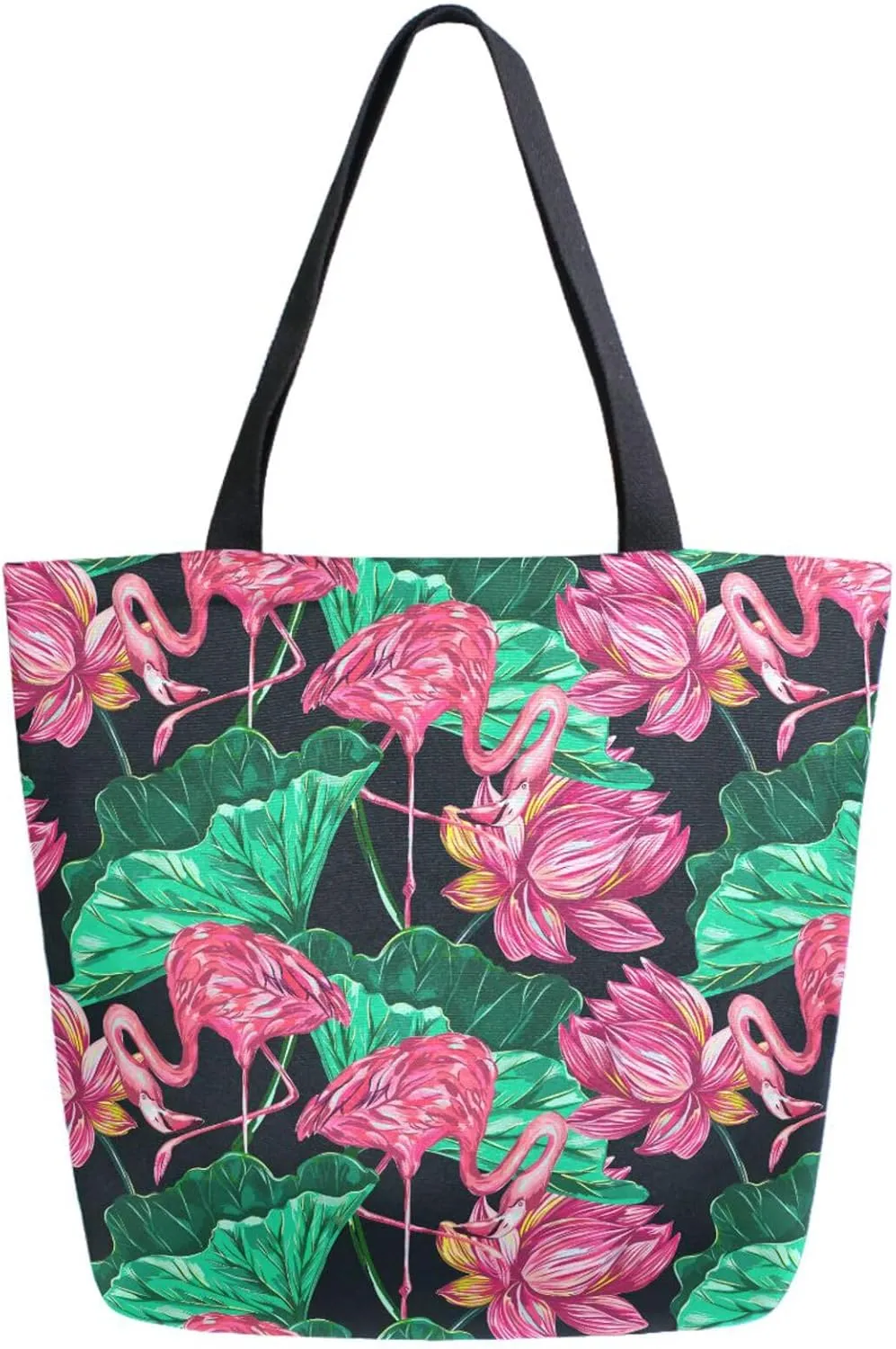 Naanle Womens Extra Large Lotus Pond Pink Flamingo Canvas Reusable Market Beach Travel Gym Shopping Shoulder Tote Bag
