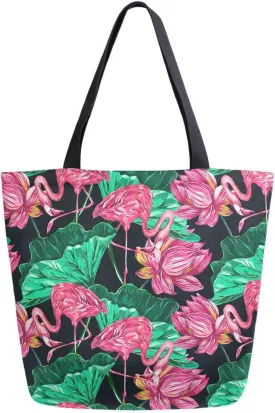 Naanle Womens Extra Large Lotus Pond Pink Flamingo Canvas Reusable Market Beach Travel Gym Shopping Shoulder Tote Bag
