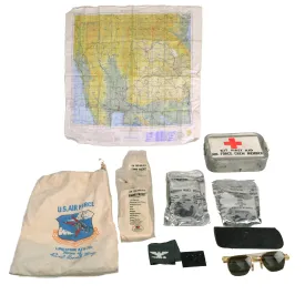 Original Vietnam War U.S. Air Force USAF Survival Map, Aircrew First Aid Kit, Inflight Rations, Sun Glasses and More