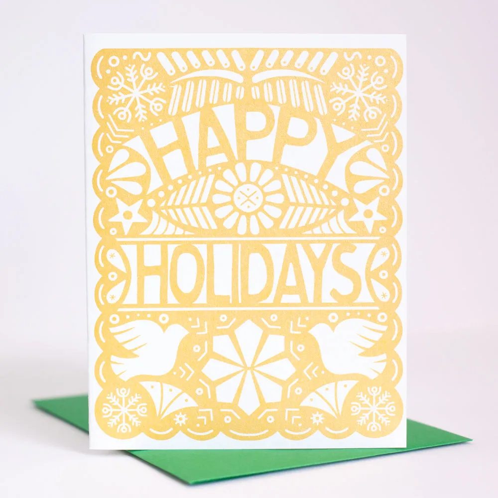 papel picado holiday card, gold metallic folk art Christmas card, ornate Christmas card