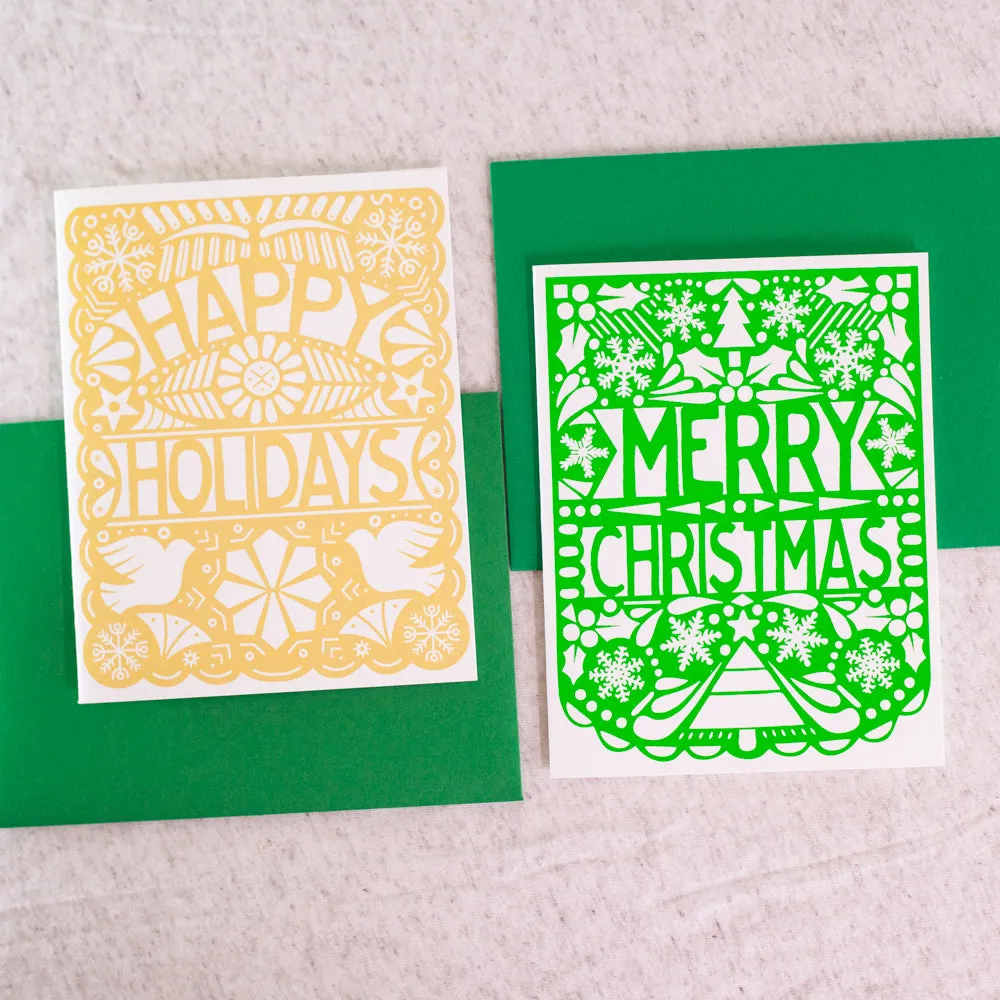 papel picado holiday card, gold metallic folk art Christmas card, ornate Christmas card