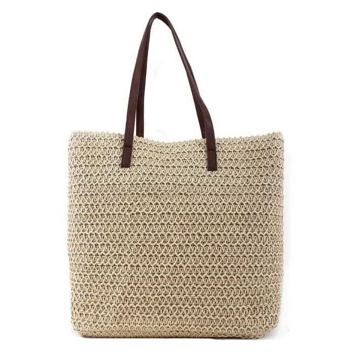 PB0033 Leather Handle Straw Beach Bag/Tote