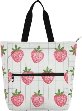 Pink Strawberries Grid Tote Bag for Book Lovers Reusable Bags with Zipper Pocket for School Work Shopping