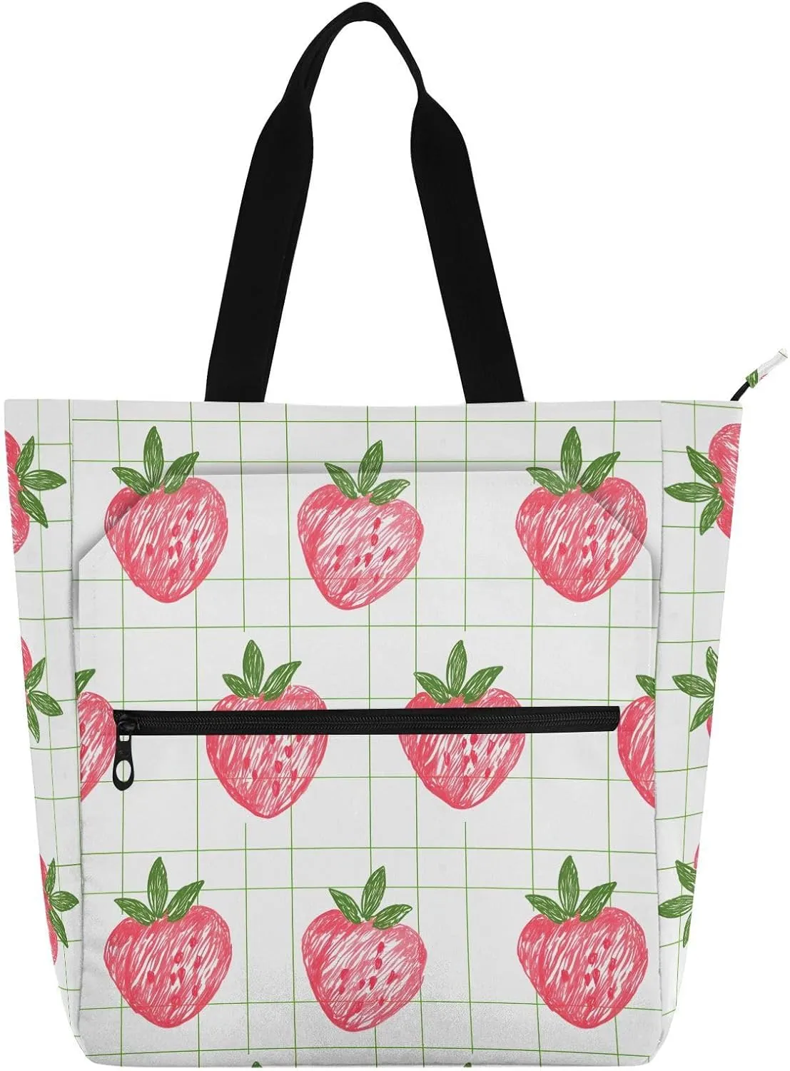 Pink Strawberries Grid Tote Bag for Book Lovers Reusable Bags with Zipper Pocket for School Work Shopping