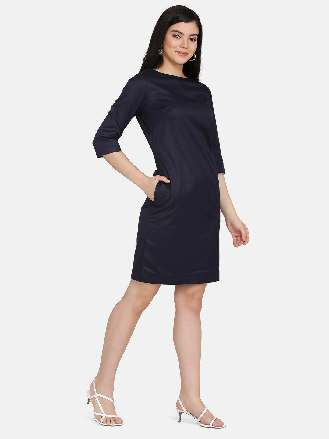 Poly Cotton Workwear Sheath Dress - Navy Blue