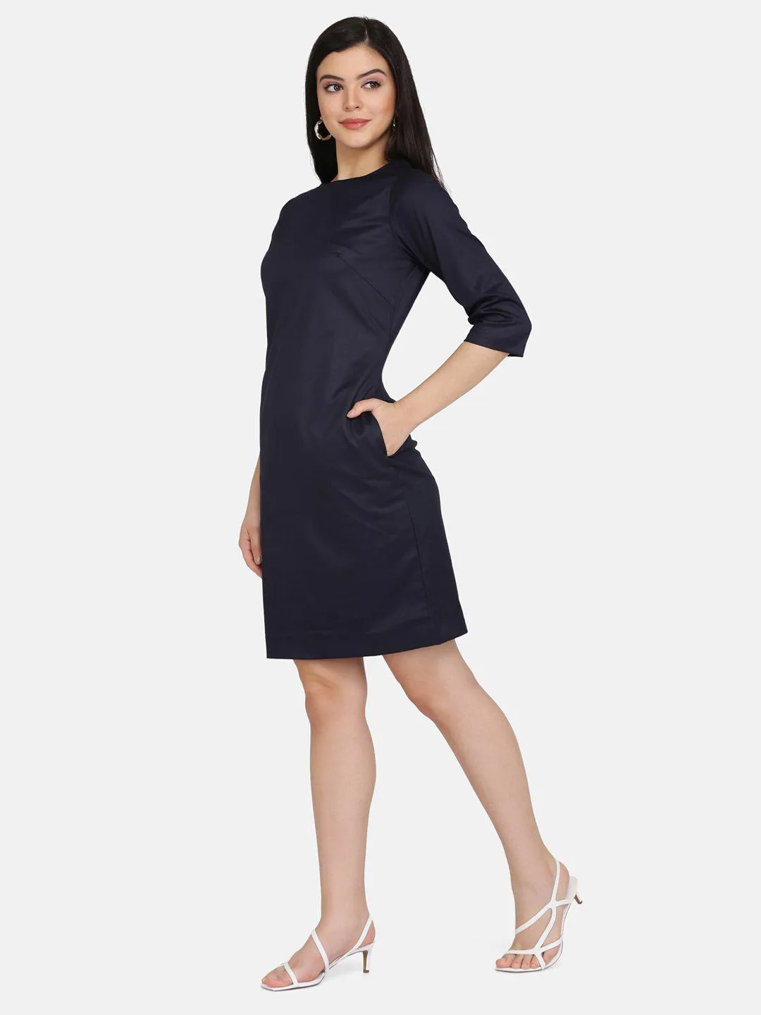 Poly Cotton Workwear Sheath Dress - Navy Blue