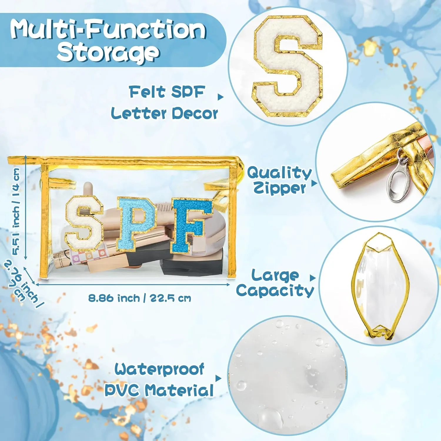 Preppy SPF Cosmetic Bag - SPF Chenille Varsity Letter Clear Toiletry Bag Summer Golden Aesthetic Waterproof Portable Makeup Bag Transparent PVC Zipper Clutch Purse Beach Bag for Women Girls