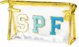 Preppy SPF Cosmetic Bag - SPF Chenille Varsity Letter Clear Toiletry Bag Summer Golden Aesthetic Waterproof Portable Makeup Bag Transparent PVC Zipper Clutch Purse Beach Bag for Women Girls