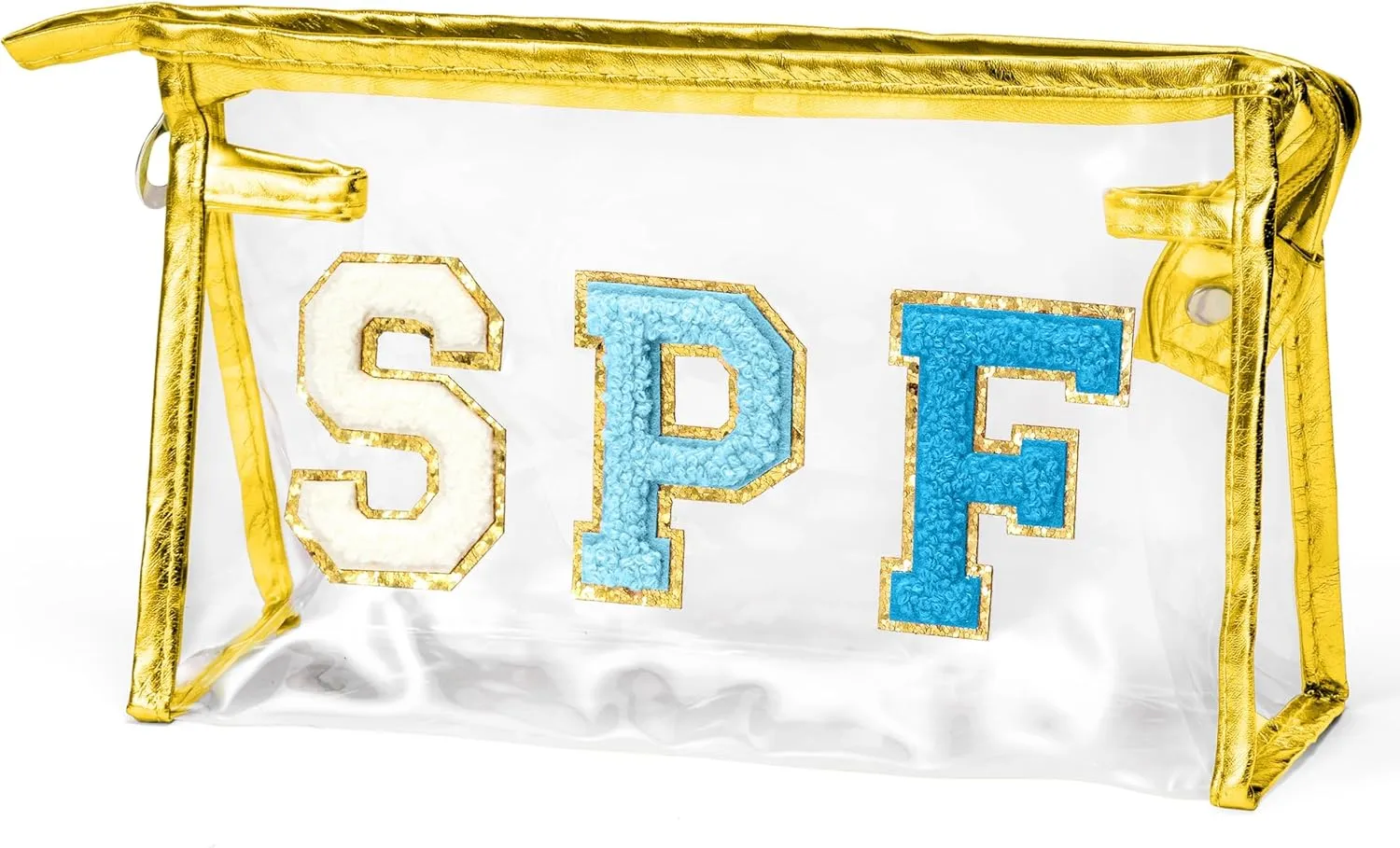 Preppy SPF Cosmetic Bag - SPF Chenille Varsity Letter Clear Toiletry Bag Summer Golden Aesthetic Waterproof Portable Makeup Bag Transparent PVC Zipper Clutch Purse Beach Bag for Women Girls