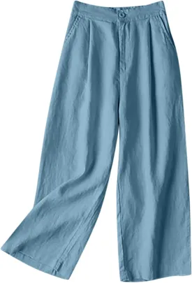 PTOLOCIF Petite Linen Pants for Women Summer Baggy Boho Casual Palazzo Pants Wide Leg Long Lounge Trousers with Pockets