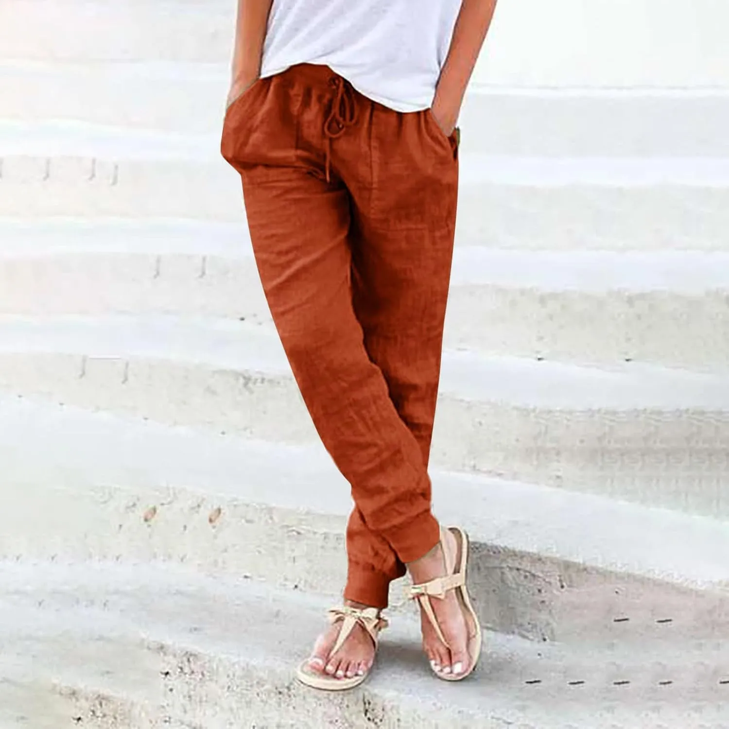 PTOLOCIF Women's Cotton Linen Pants High Waist Drawstring Pants Loose Fit Summer Flowy Boho Pant Trousers with Side Pockets