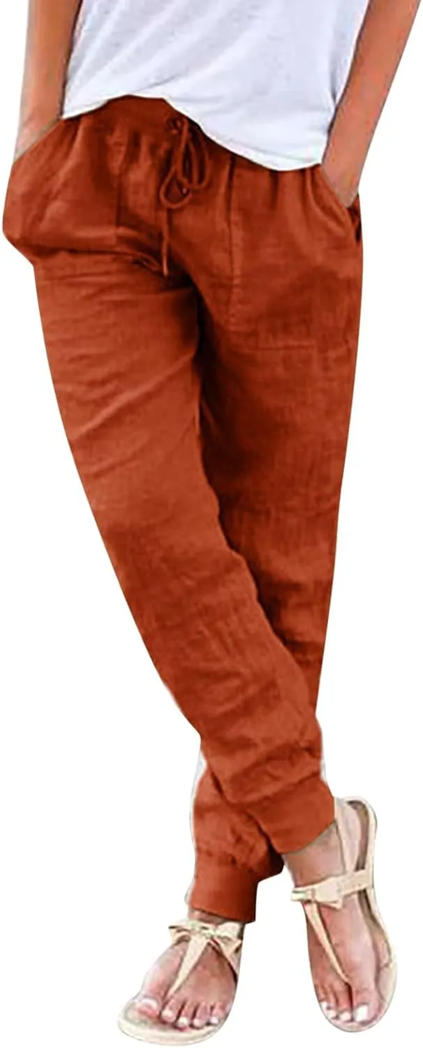 PTOLOCIF Women's Cotton Linen Pants High Waist Drawstring Pants Loose Fit Summer Flowy Boho Pant Trousers with Side Pockets